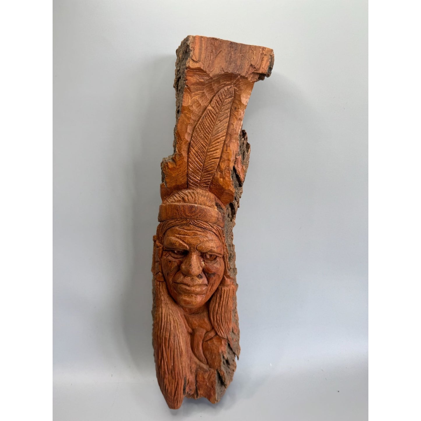 Hand Carved Wood Wall Plaque Figural Face Tribal Folk Art Bark Edge Signed 14"