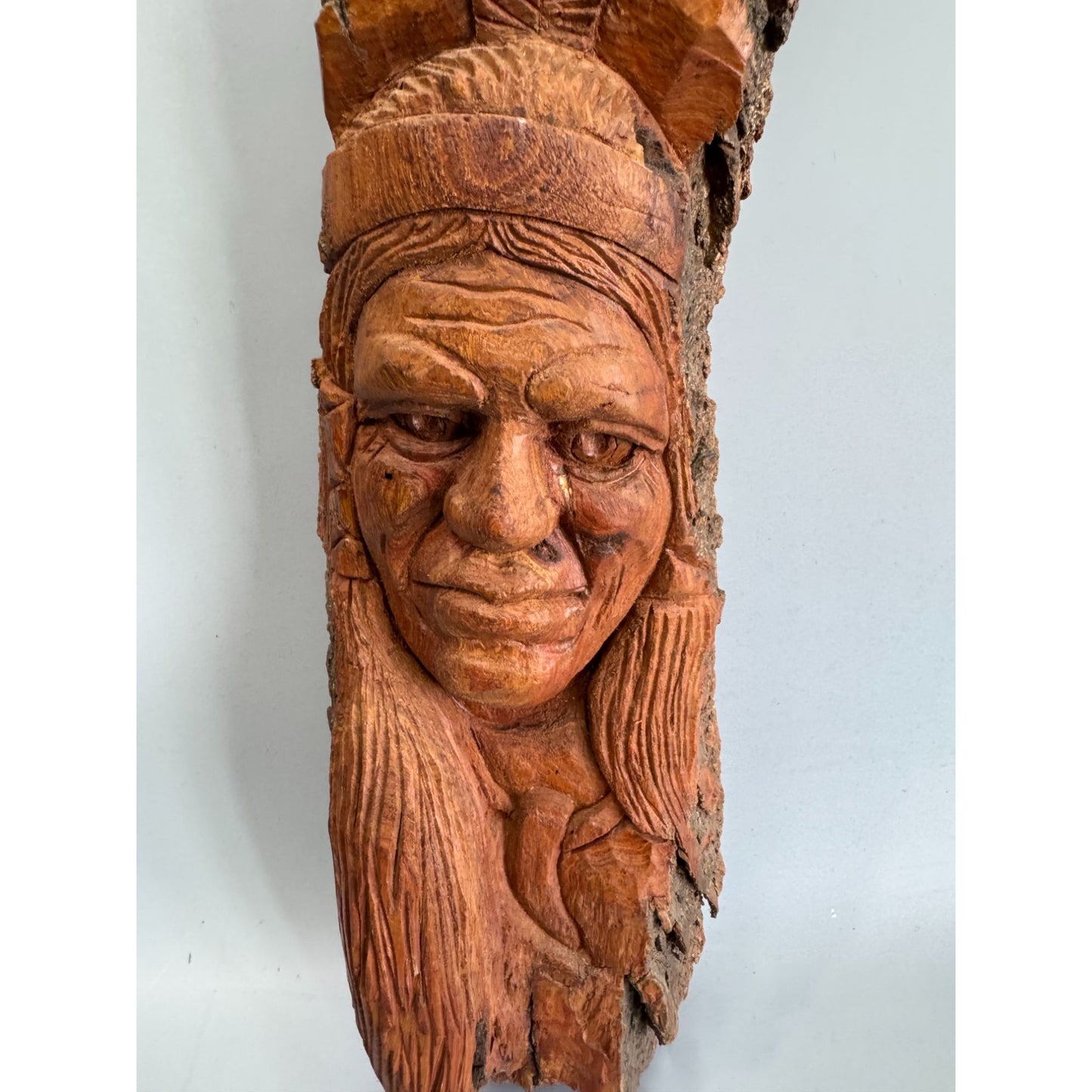 Hand Carved Wood Wall Plaque Figural Face Tribal Folk Art Bark Edge Signed 14"