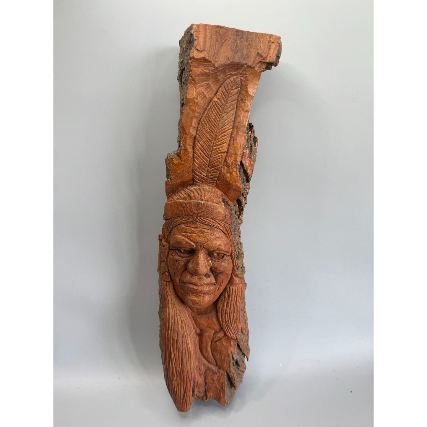 Hand Carved Wood Wall Plaque Figural Face Tribal Folk Art Bark Edge Signed 14"