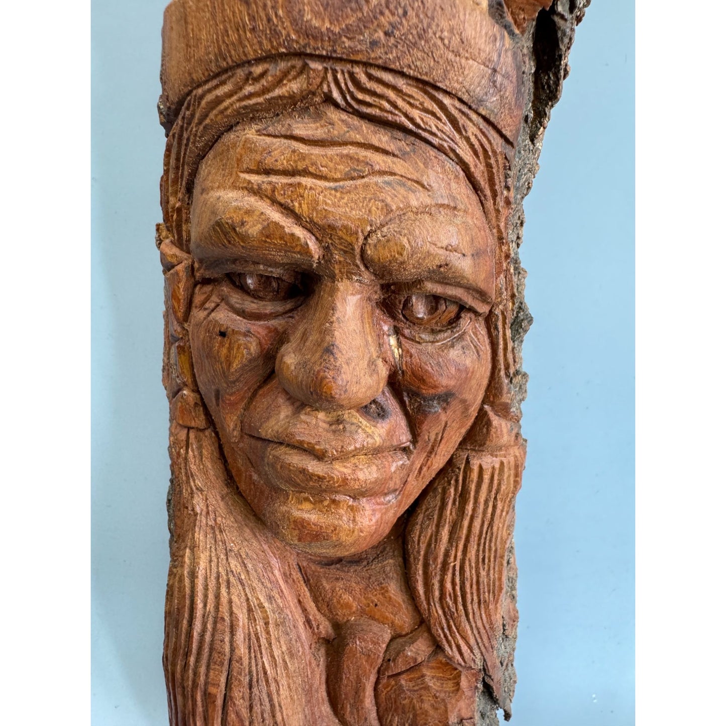 Hand Carved Wood Wall Plaque Figural Face Tribal Folk Art Bark Edge Signed 14"