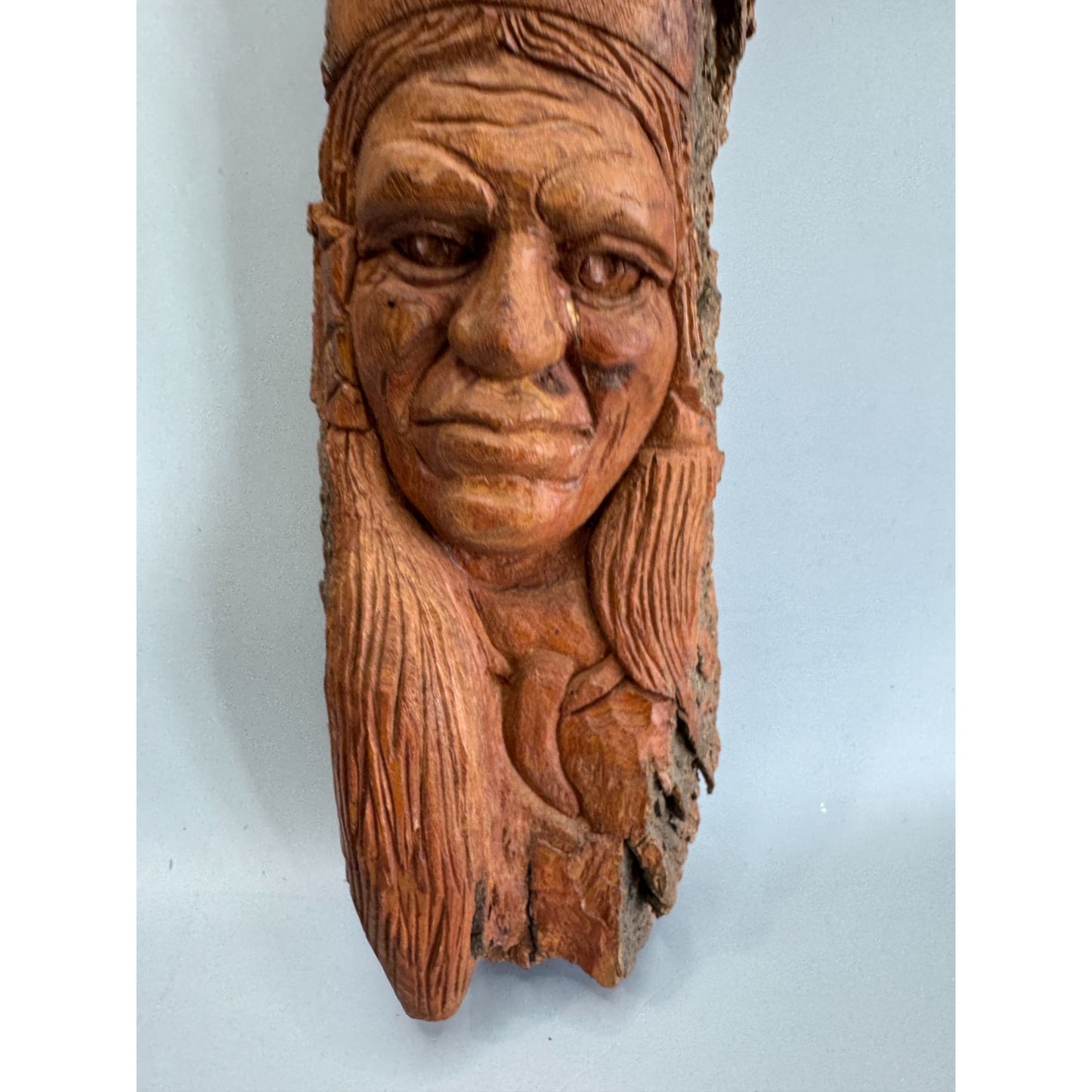 Hand Carved Wood Wall Plaque Figural Face Tribal Folk Art Bark Edge Signed 14"