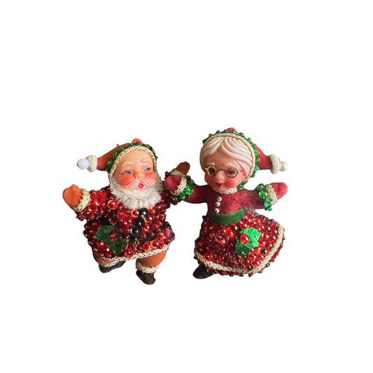 Vintage Beaded Sequin Santa & Mrs. Claus Christmas Ornaments 3.5" Rare