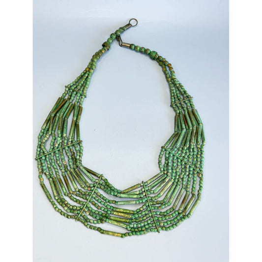 Tribal Multi-Strand Green Turquoise Beaded Necklace With Brass Hook Clasp