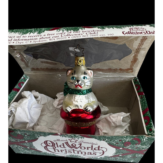 Old World Christmas Kitten in Red Boot Glass Ornament 4" w/ Box Retired Germany