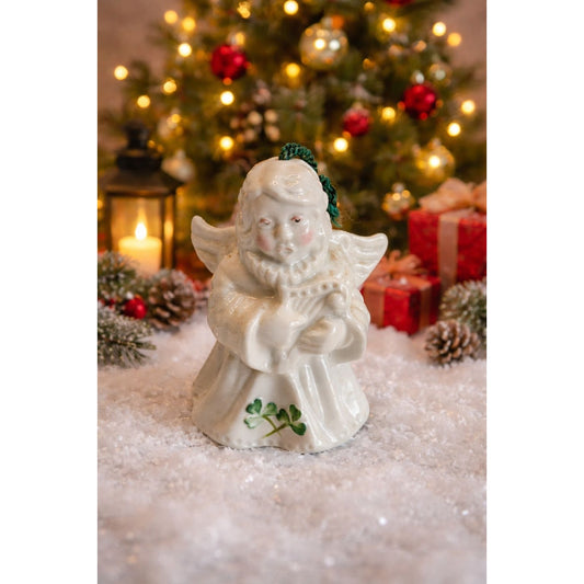 Belleek Angel Bell Ornament White Porcelain Shamrock Green Cord 4.5" Ireland