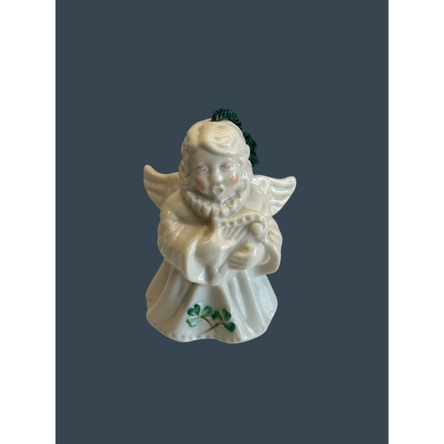 Belleek Angel Bell Ornament White Porcelain Shamrock Green Cord 4.5" Ireland