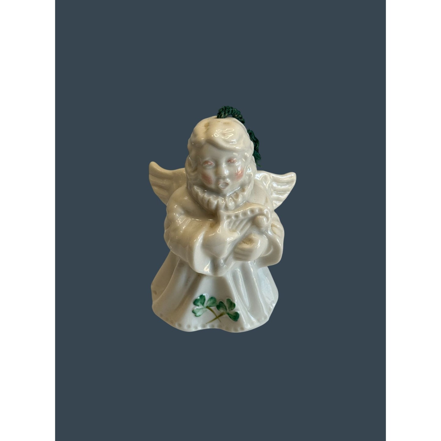 Belleek Angel Bell Ornament White Porcelain Shamrock Green Cord 4.5" Ireland