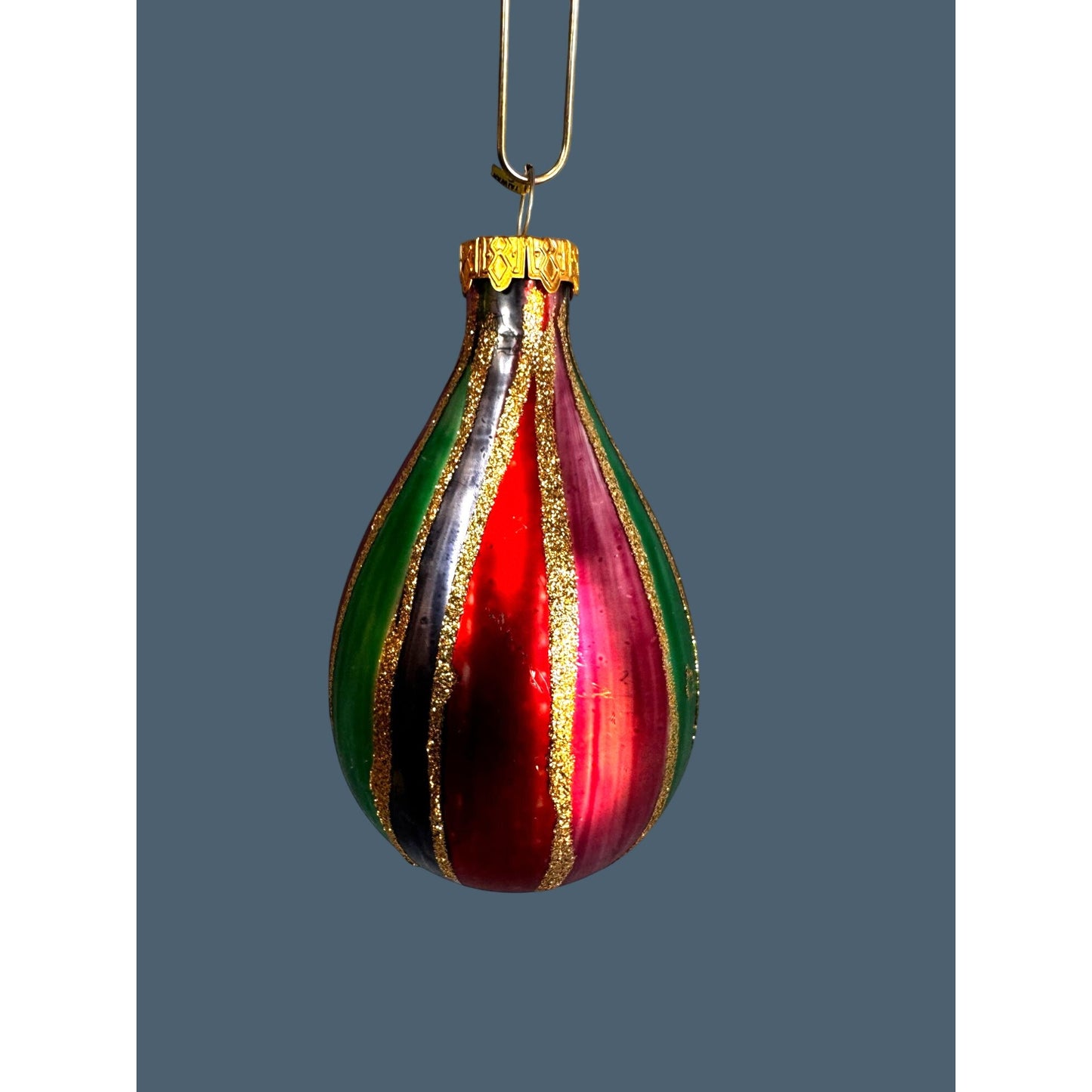 Vintage 1990s Hand-Painted Glass Teardrop Ornament Taiwan KC Cap 4"