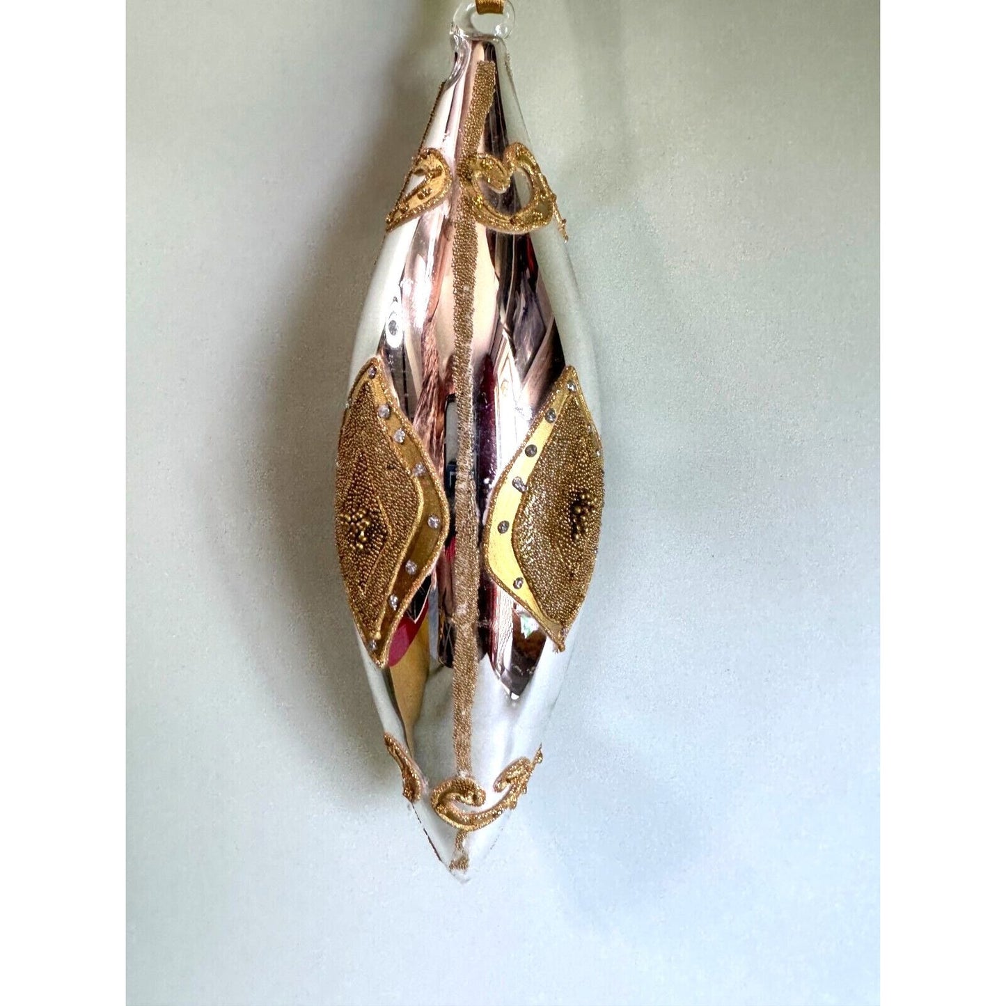 Large Blown Glass Silver Teardrop Ornament With Gold Glass Beading Accents 8 1/2