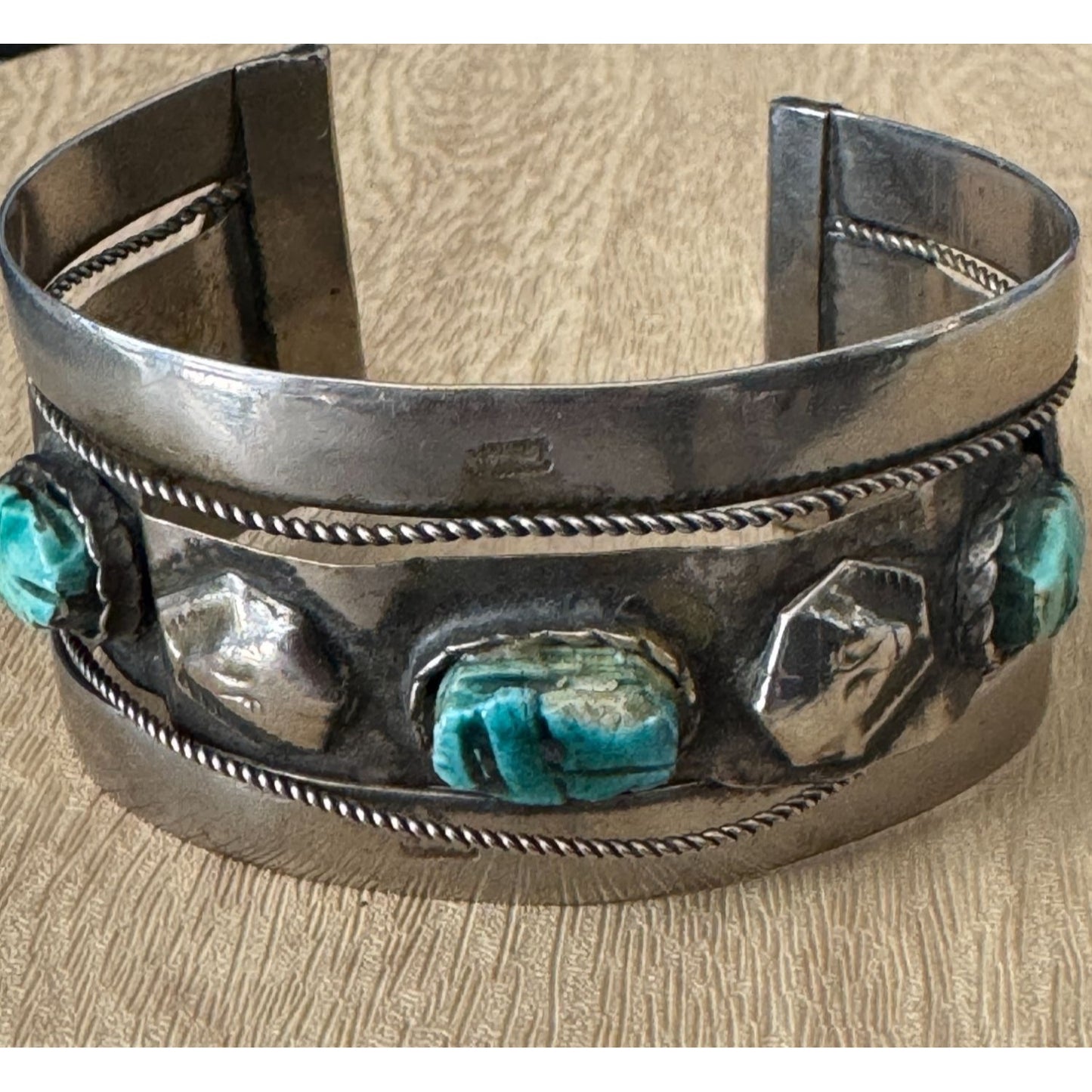 Vintage Egyptian Faience Scarab Cuff Bracelet Bedouin Design Faux Turquoise Stone Silvertone Adjustable