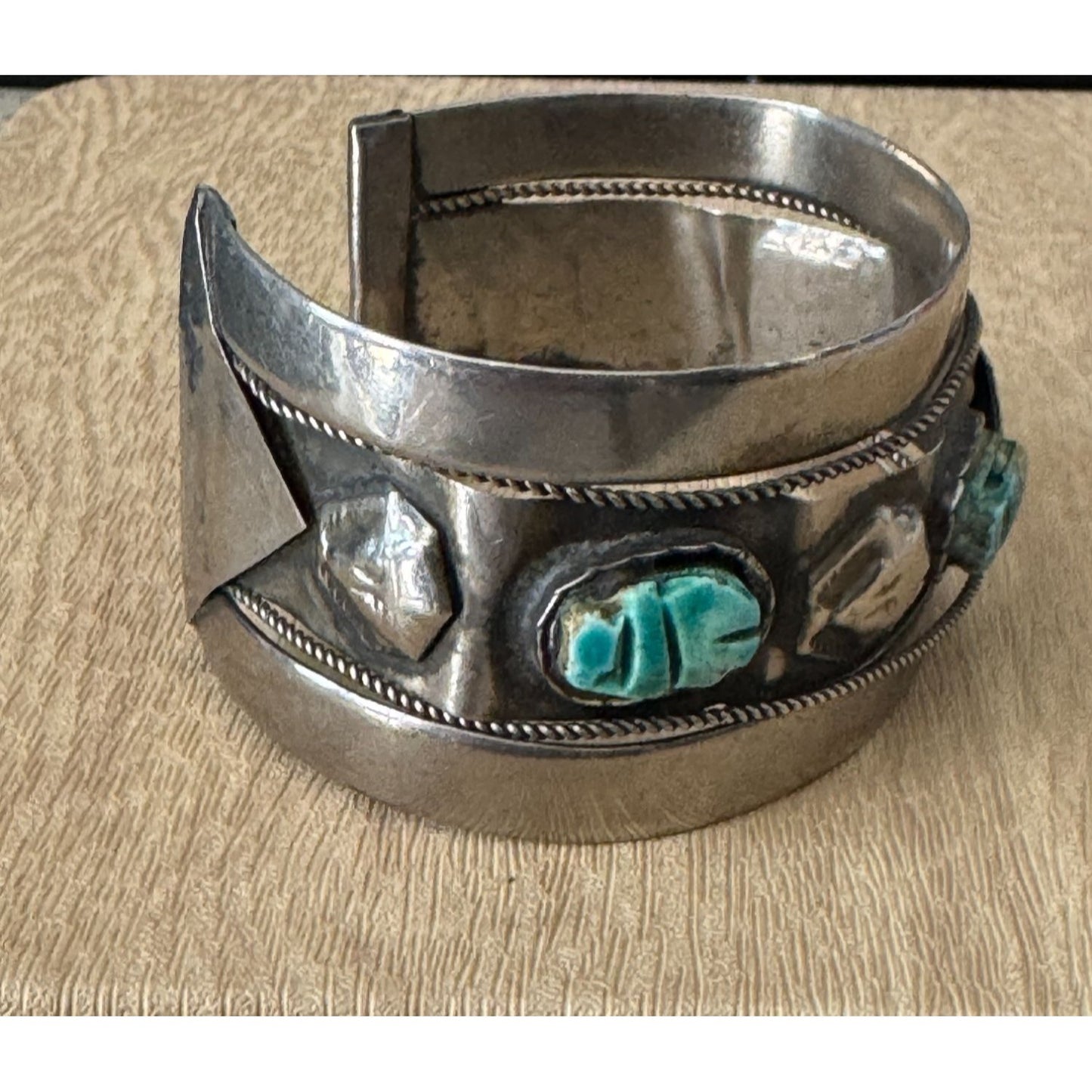 Vintage Egyptian Faience Scarab Cuff Bracelet Bedouin Design Faux Turquoise Stone Silvertone Adjustable