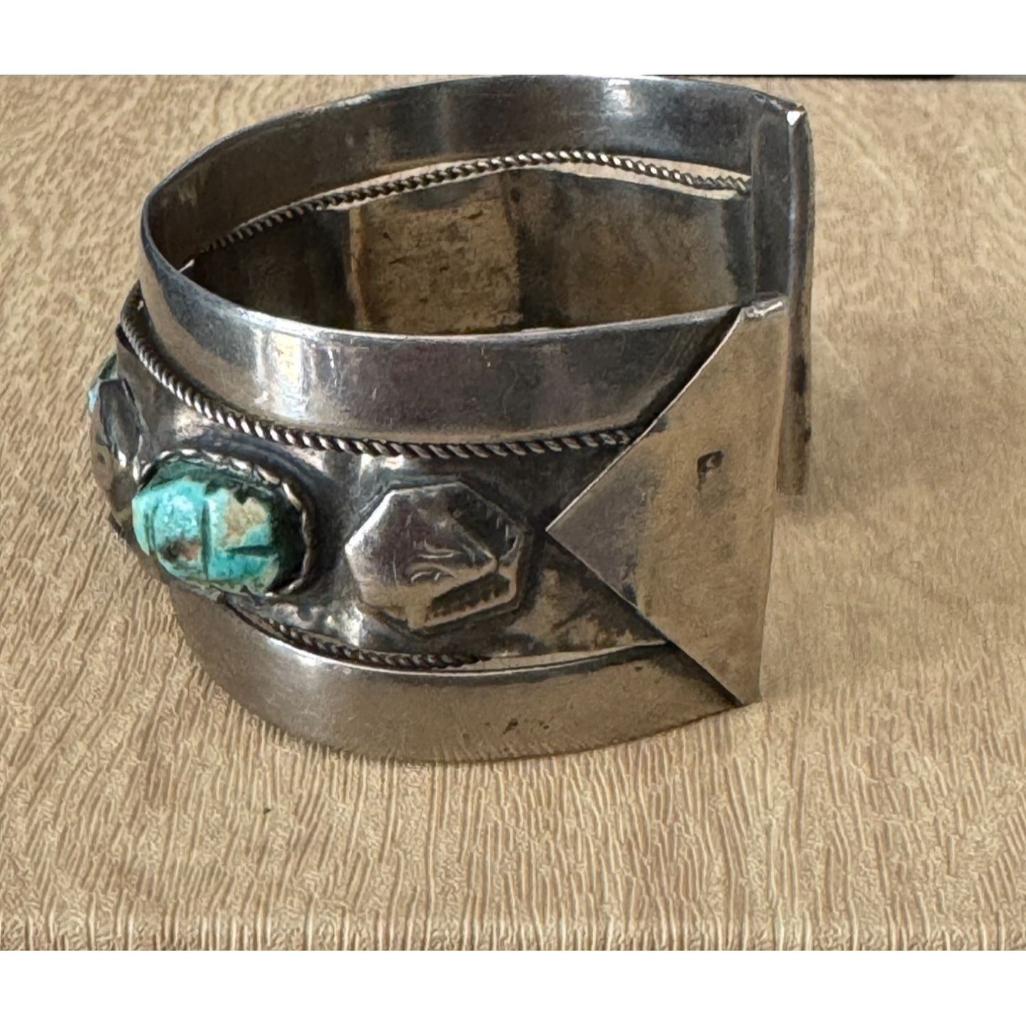 Vintage Egyptian Faience Scarab Cuff Bracelet Bedouin Design Faux Turquoise Stone Silvertone Adjustable