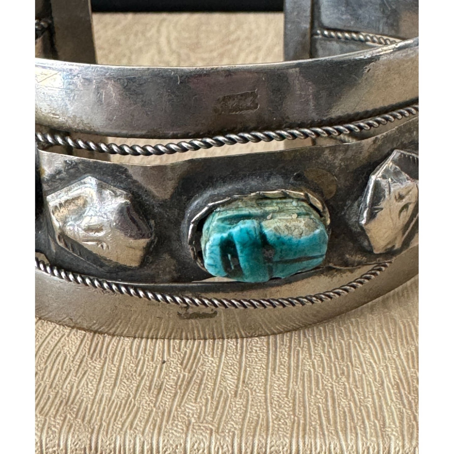 Vintage Egyptian Faience Scarab Cuff Bracelet Bedouin Design Faux Turquoise Stone Silvertone Adjustable