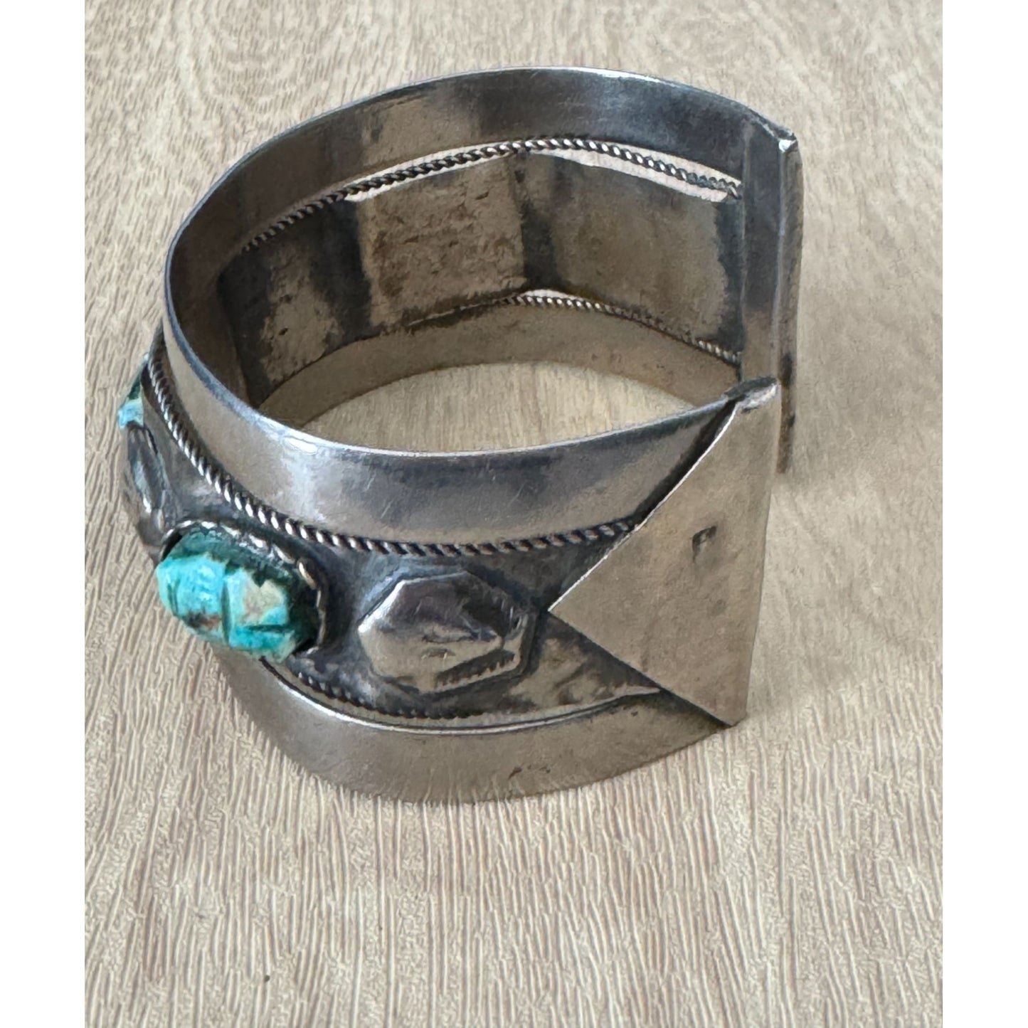 Vintage Egyptian Faience Scarab Cuff Bracelet Bedouin Design Faux Turquoise Stone Silvertone Adjustable