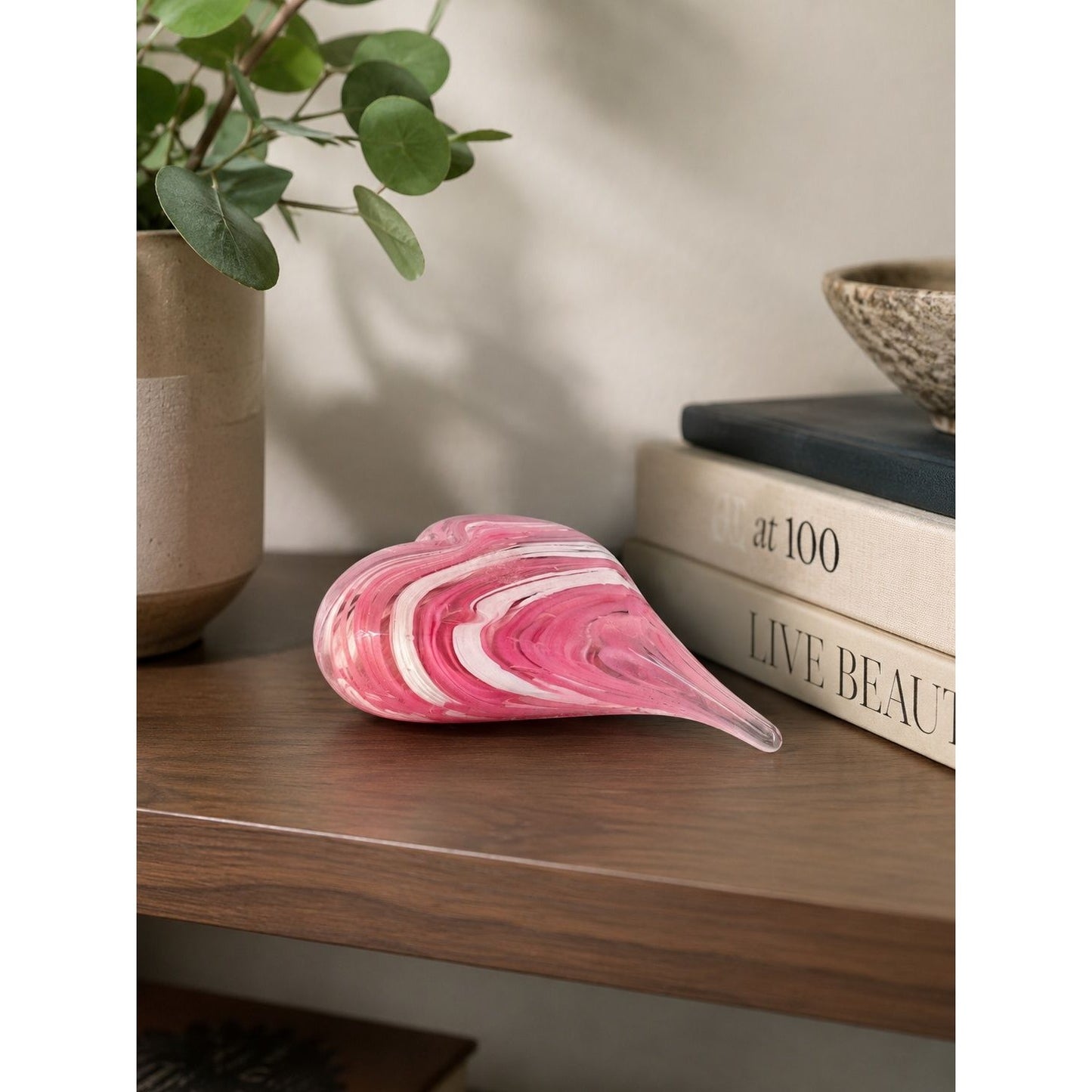 Pink White Swirl Art Glass Heart Paperweight Murano Style Valentine Decor