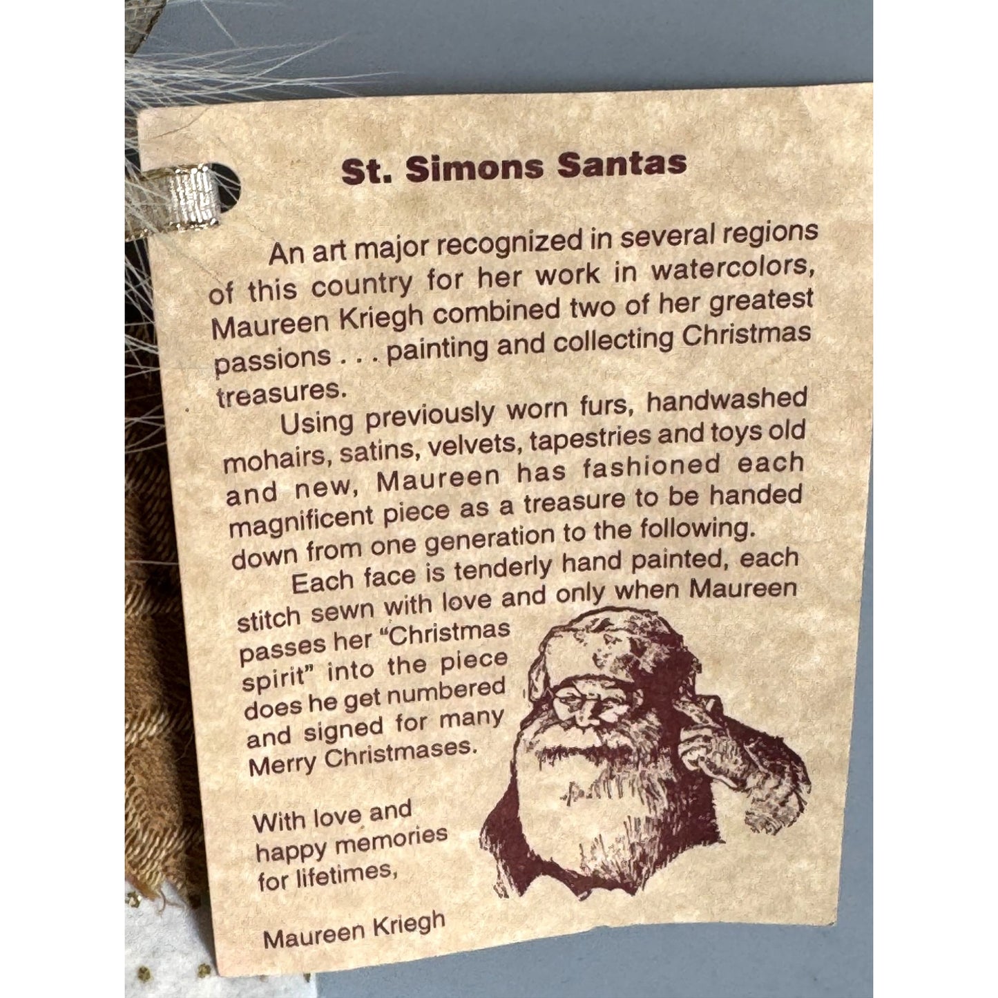 Maureen Kriegh St. Simons Santas Folk Art Santa Ornament Paper Mache Face 2002 9"