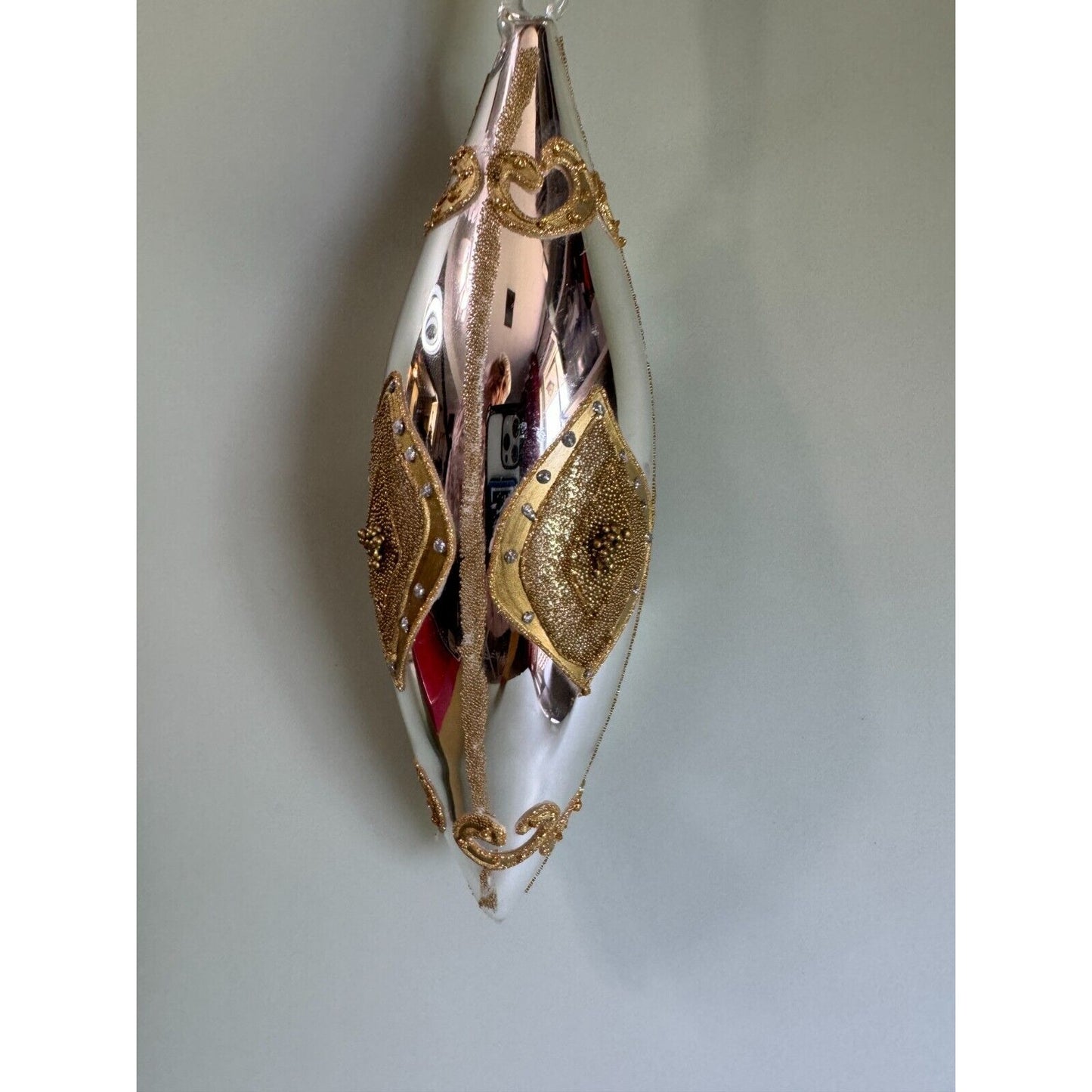 Large Blown Glass Silver Teardrop Ornament With Gold Glass Beading Accents 8 1/2