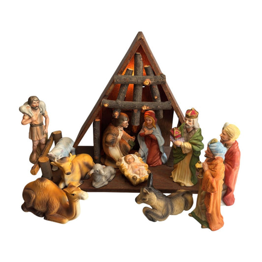 Vintage HOMCO Nativity Set Figurines Wood Stable Christmas 12 Pc Rustic Decor