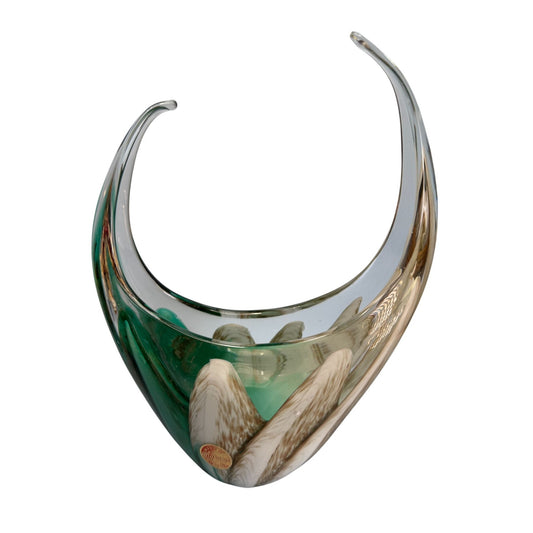 Murano Sommerso Art Glass Centerpiece Bowl Green White Glass 9.5x6.5 Inches