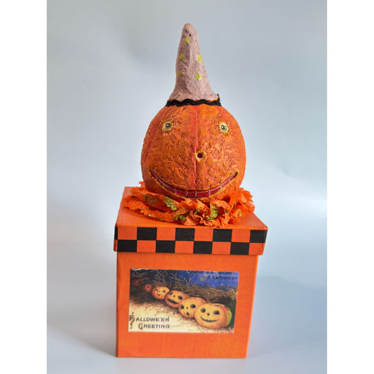 Vintage Halloween Paper Mache Pumpkin Head On Decorative Candy Trinket Box 10 1/2"