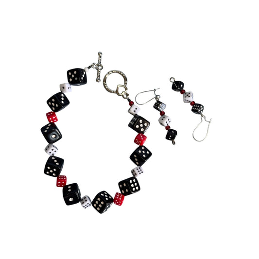 Dice-Themed Bracelet & Earrings Set With Toggle Clasp & Drop Earrings In Black White & Red Acrylic Beads