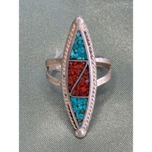 Navajo Native American Genuine Turquoise Coral Mosaic Inlay Sterling Ring sz 5.5