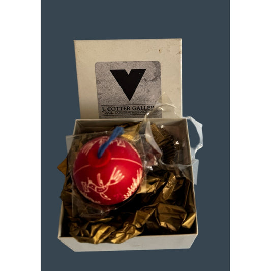 J Cotter Gallery Etched Red Eggshell Ornament Hand Made Bird Floral 2 1/2"