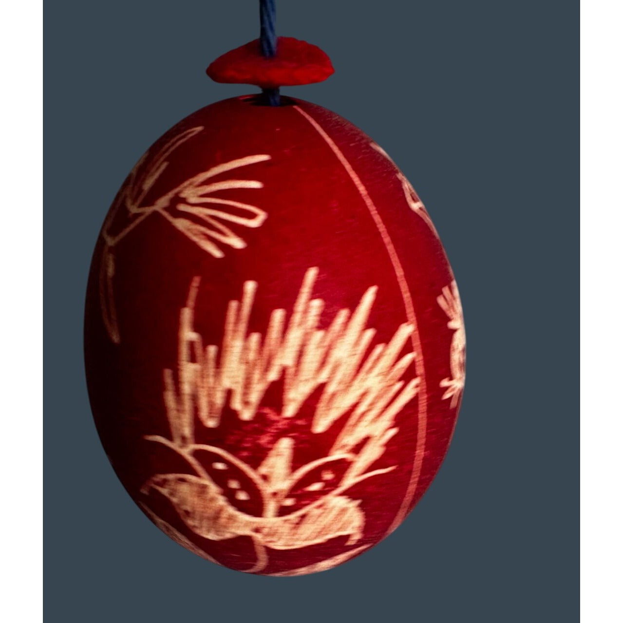 J Cotter Gallery Etched Red Eggshell Ornament Hand Made Bird Floral 2 1/2"