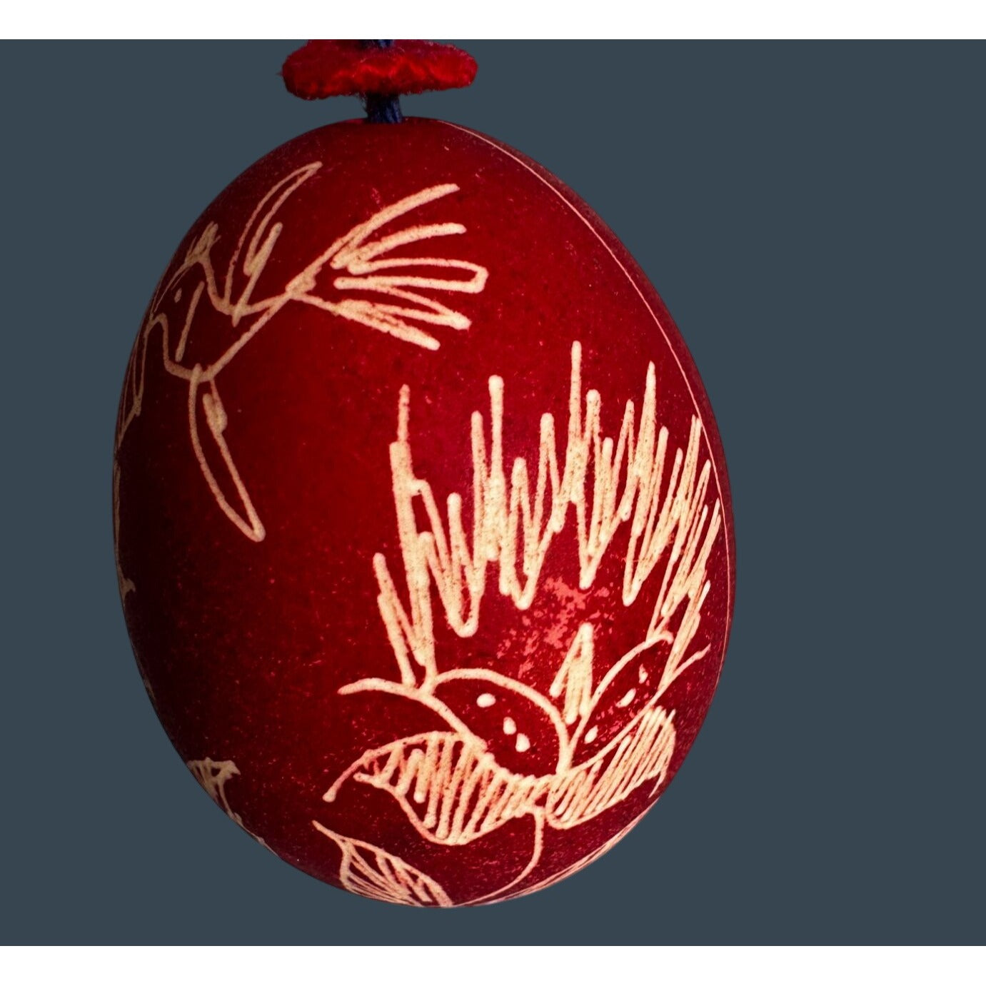 J Cotter Gallery Etched Red Eggshell Ornament Hand Made Bird Floral 2 1/2"