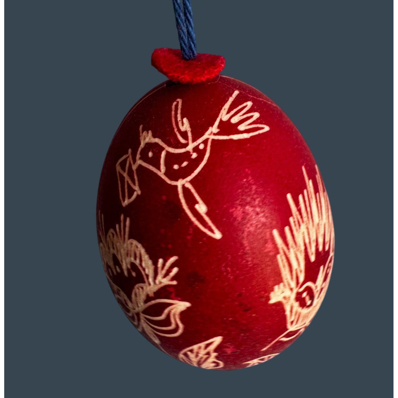 J Cotter Gallery Etched Red Eggshell Ornament Hand Made Bird Floral 2 1/2"