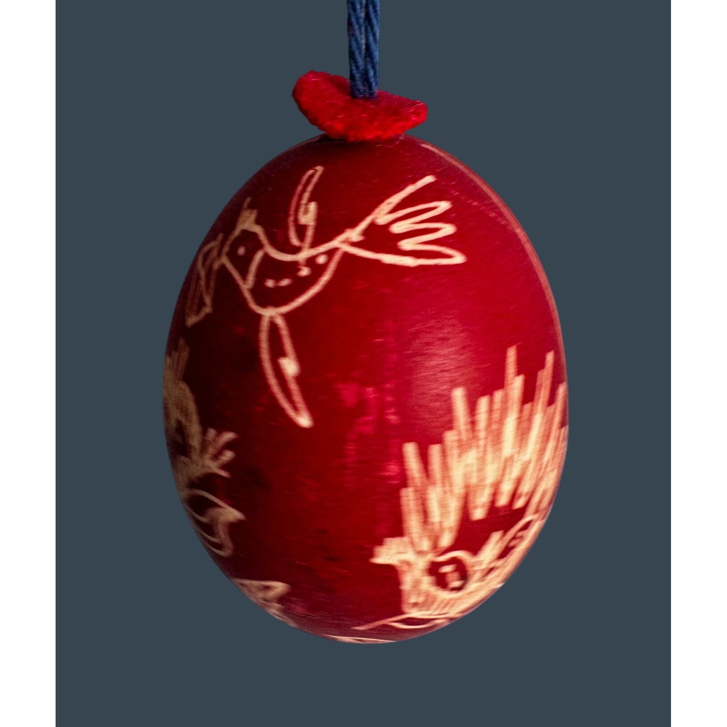 J Cotter Gallery Etched Red Eggshell Ornament Hand Made Bird Floral 2 1/2"