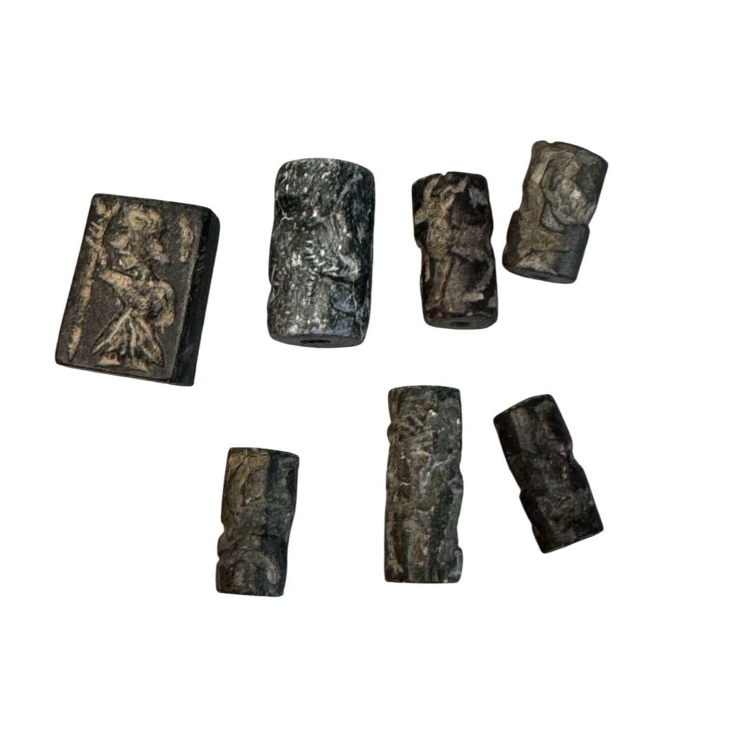 Antique Carved Stone Seal & Amulet Beads Indo-Persian Afghan Figures 7-Piece Lot
