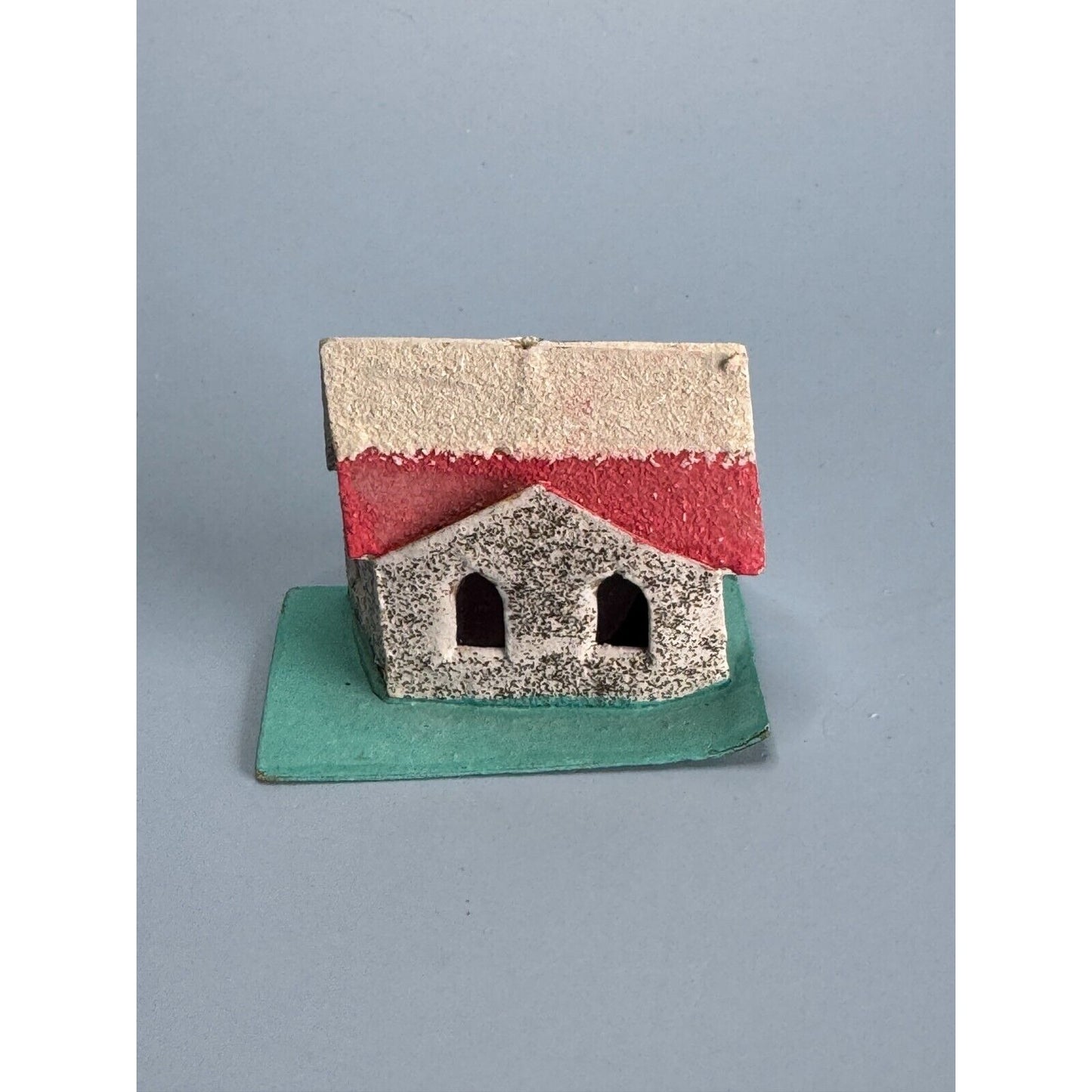 Vintage Putz Cardboard Christmas House Ornament With Blue Base Pink Flocked Roof