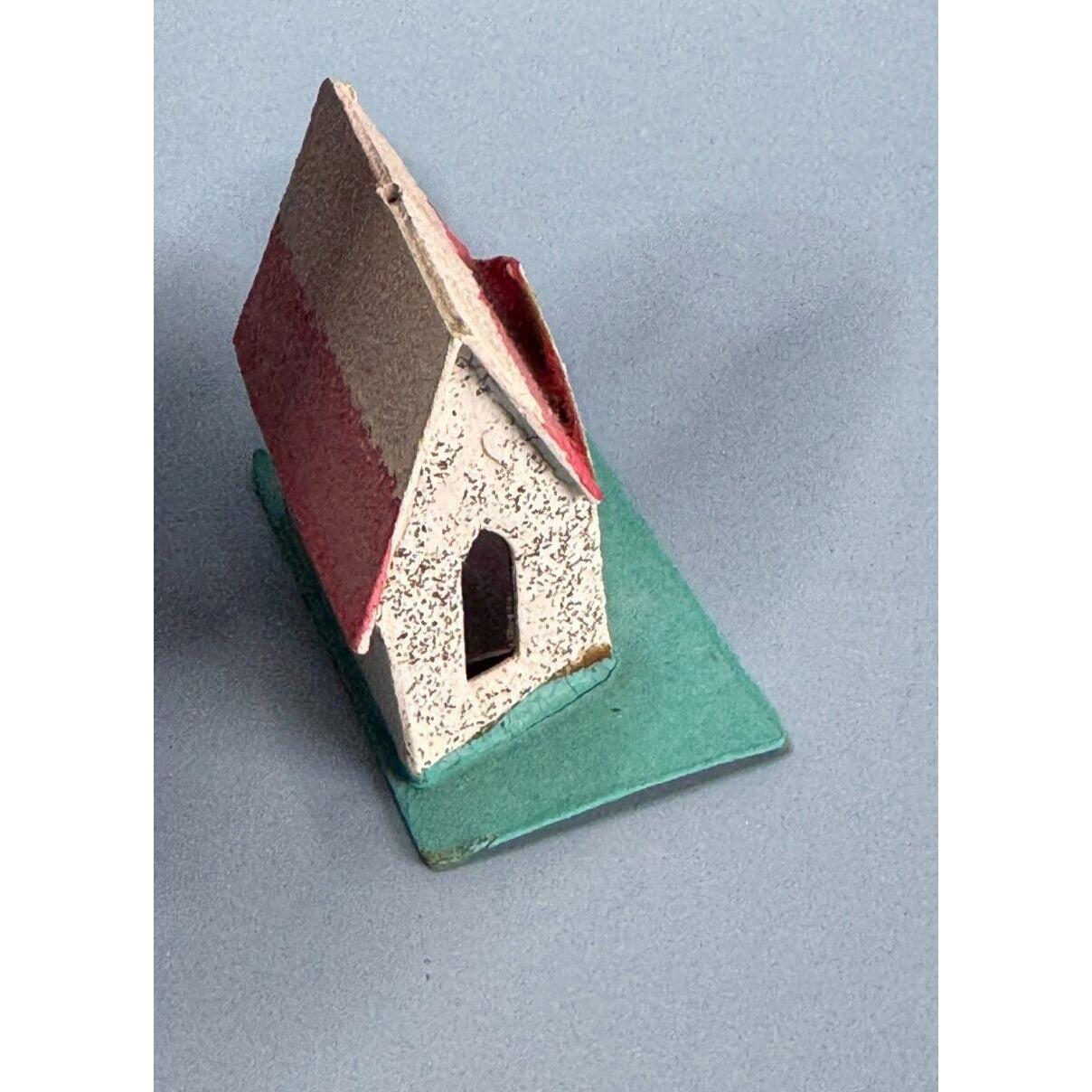 Vintage Putz Cardboard Christmas House Ornament With Blue Base Pink Flocked Roof