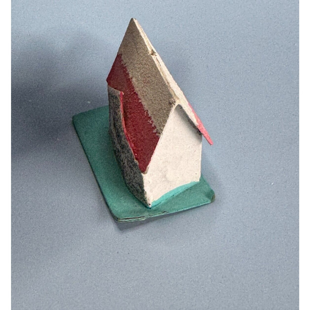 Vintage Putz Cardboard Christmas House Ornament With Blue Base Pink Flocked Roof