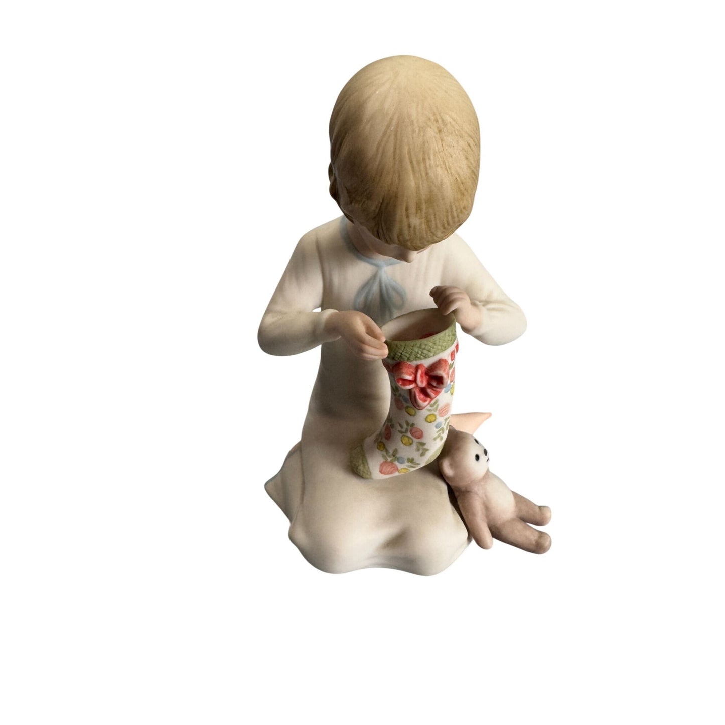 Cybis 1981 Holiday Child Figurine Teddy Bear Christmas Stocking 6" Rare