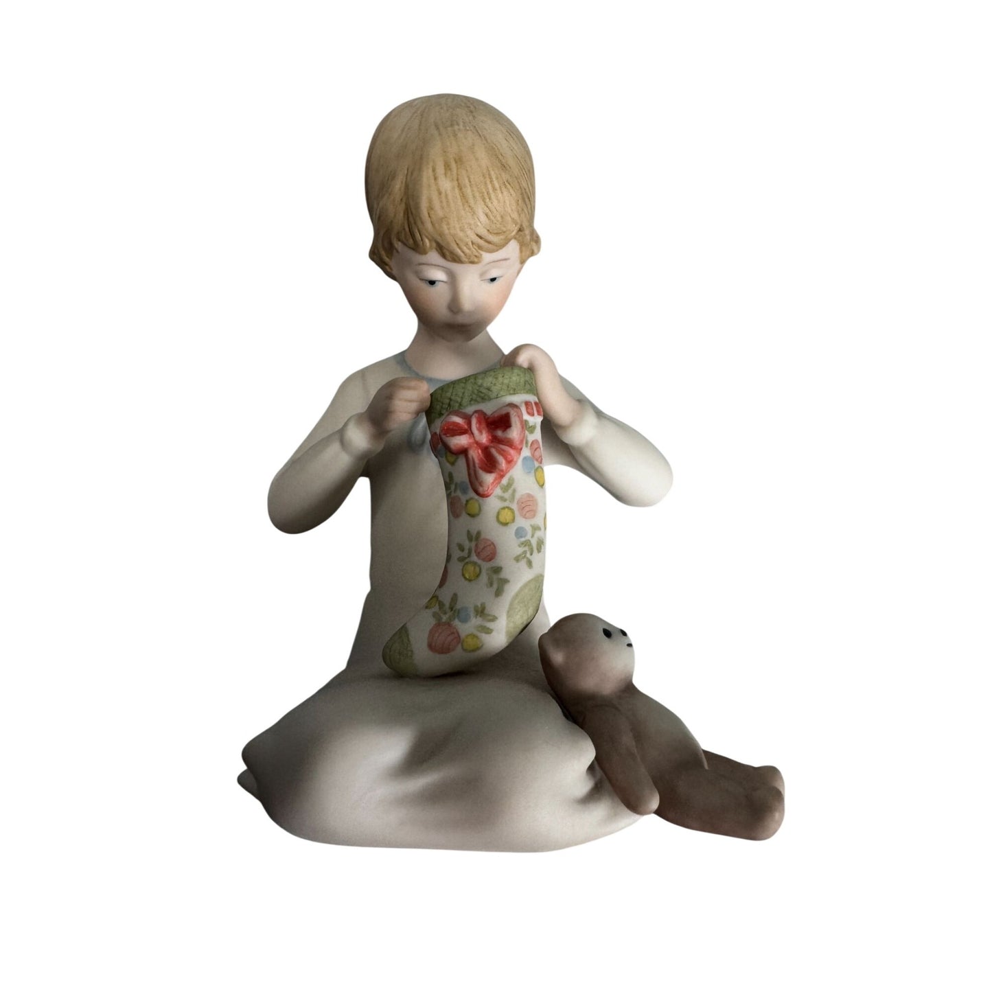 Cybis 1981 Holiday Child Figurine Teddy Bear Christmas Stocking 6" Rare