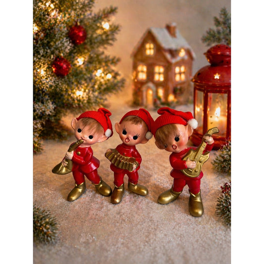 Vintage Inarco Japan Christmas Elf Figurines Set 3 Musicians 4 1/2"