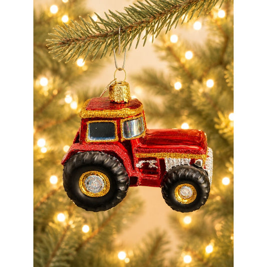 Old World Christmas Red Farm Tractor Glass Ornament OWC Tag 3 3/4"