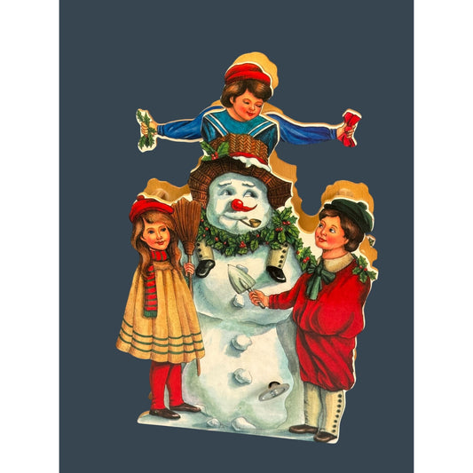 Vintage Wood Animated Musical Christmas Decoration With Snowman & Children
