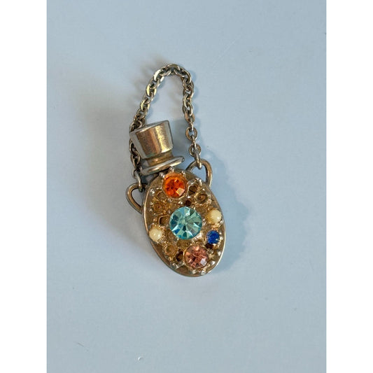Vintage Silver Rhinestone Perfume Bottle Charm With Dauber & Mini Chain