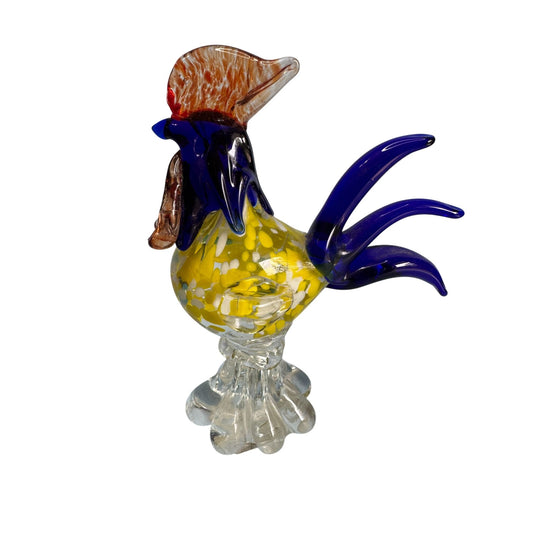 Murano Style Art Glass Rooster Sculpture With Vibrant Colors & Clear Base 7 1/2"