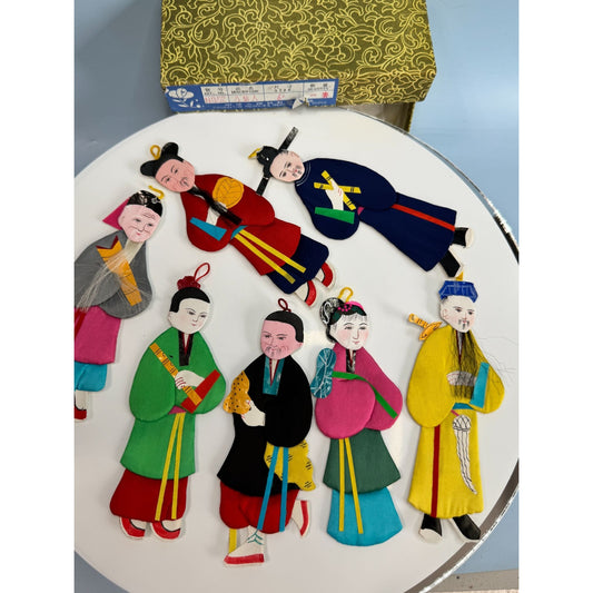Set Of 8 Chinese Silk & Cardboard Immortal Ornaments Multicolor 5.5" With Box