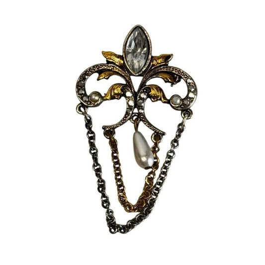 Vintage Fleur-De-Lis Rhinestone Pearl Dangle Brooch Two Tone 2 1/2"