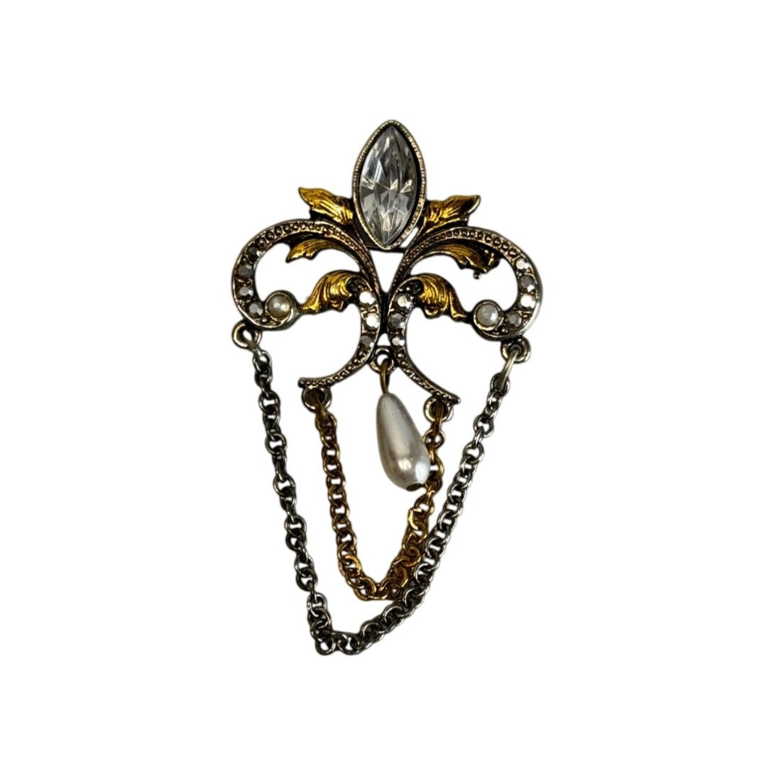 Vintage Fleur-De-Lis Rhinestone Pearl Dangle Brooch Two Tone 2 1/2"