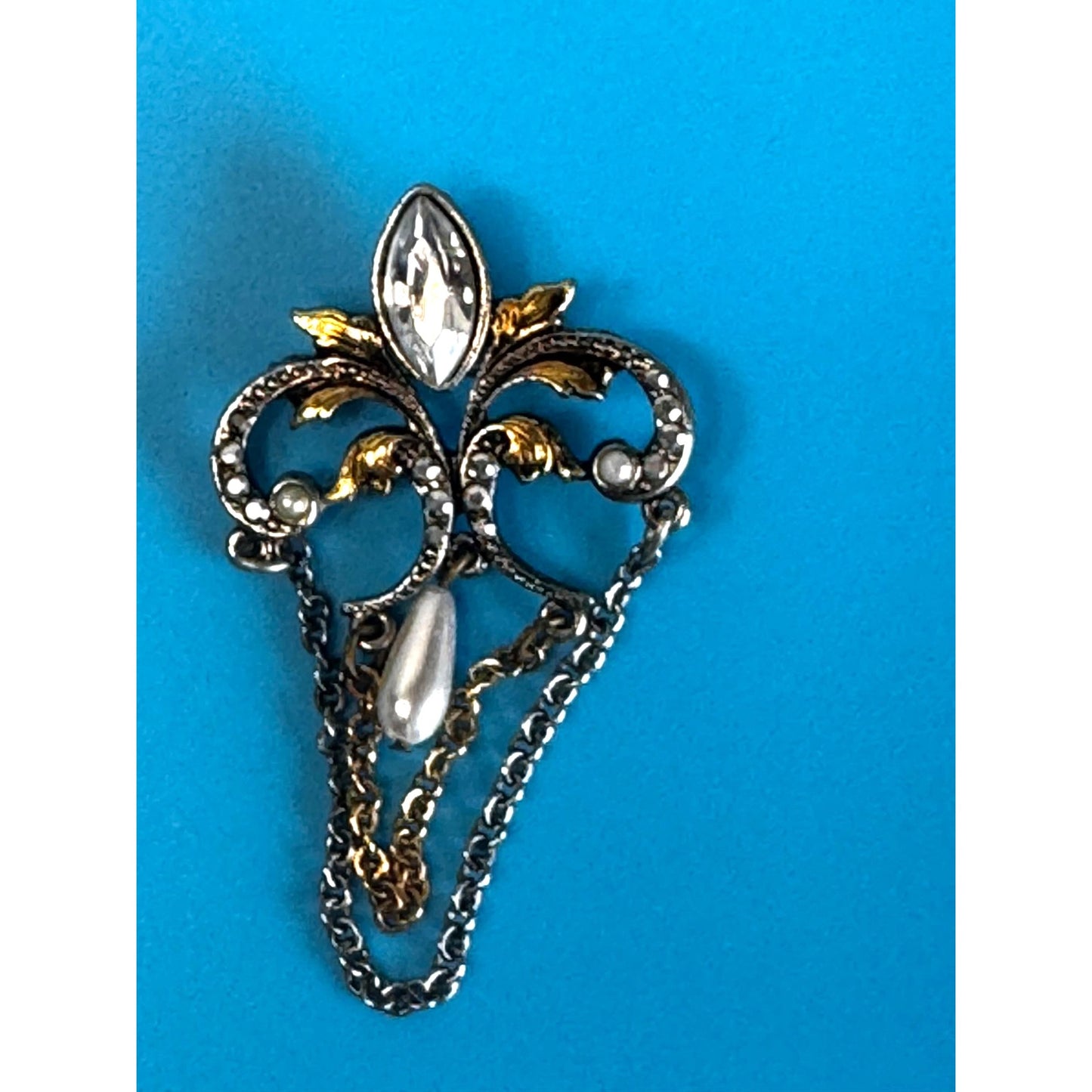 Vintage Fleur-De-Lis Rhinestone Pearl Dangle Brooch Two Tone 2 1/2"