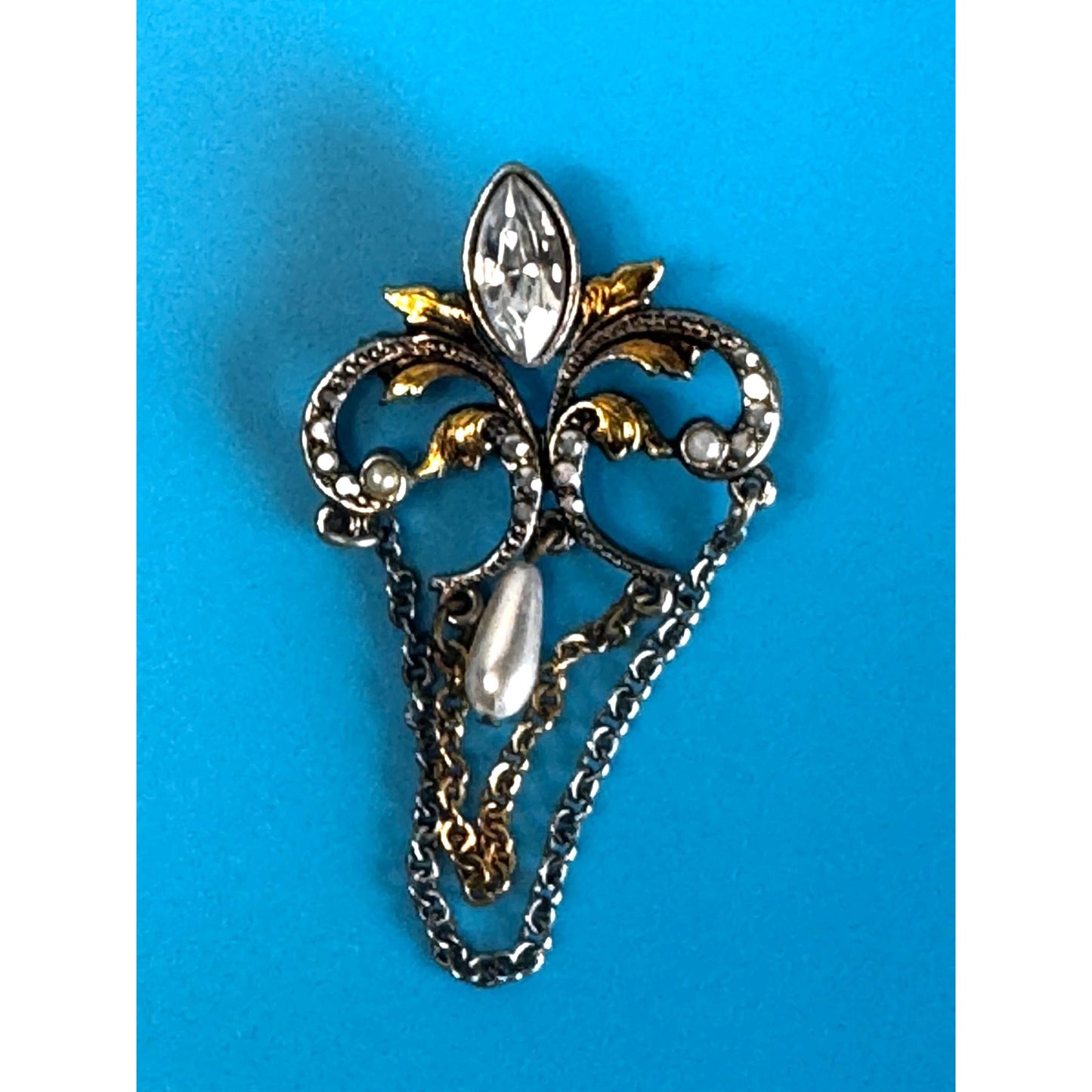 Vintage Fleur-De-Lis Rhinestone Pearl Dangle Brooch Two Tone 2 1/2"