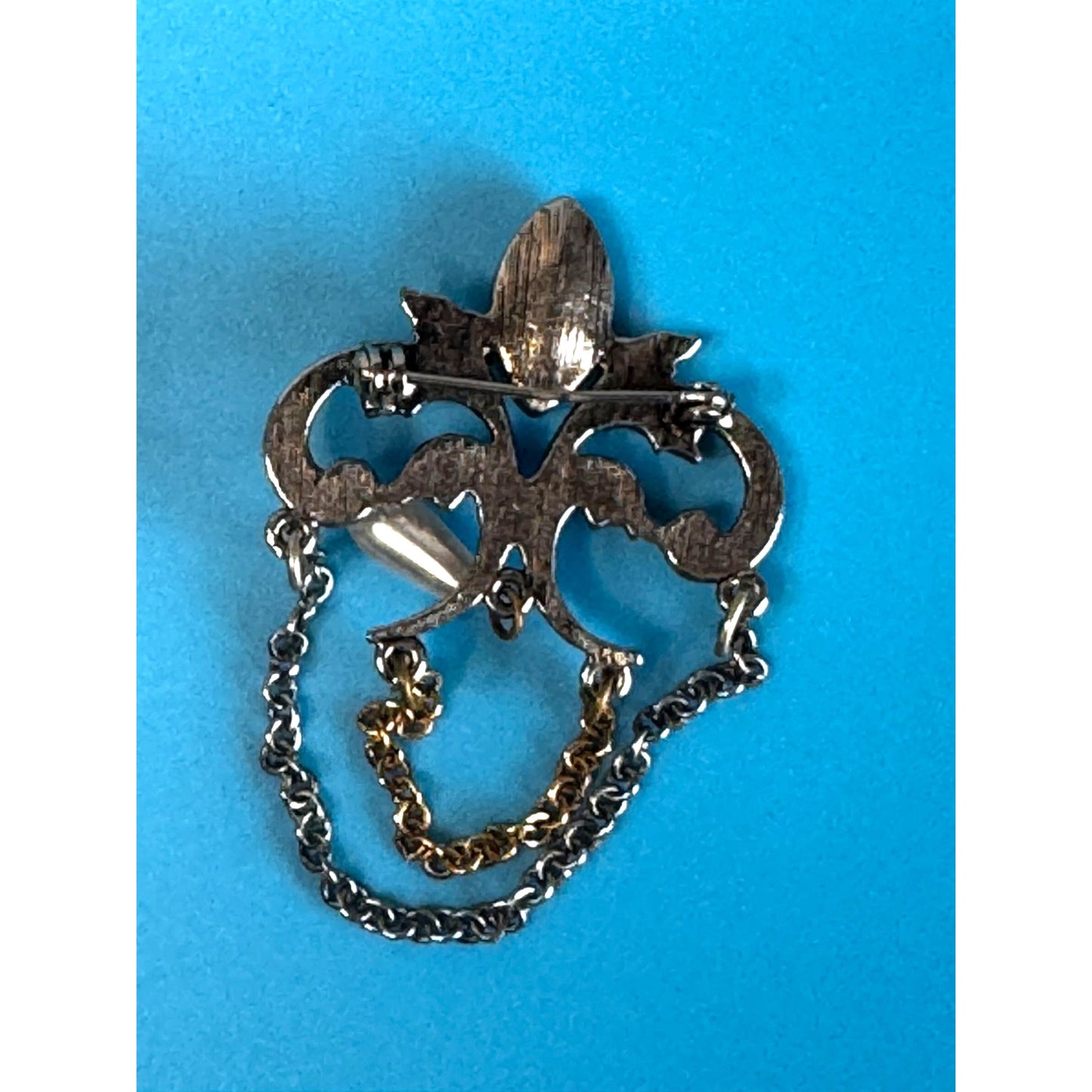 Vintage Fleur-De-Lis Rhinestone Pearl Dangle Brooch Two Tone 2 1/2"