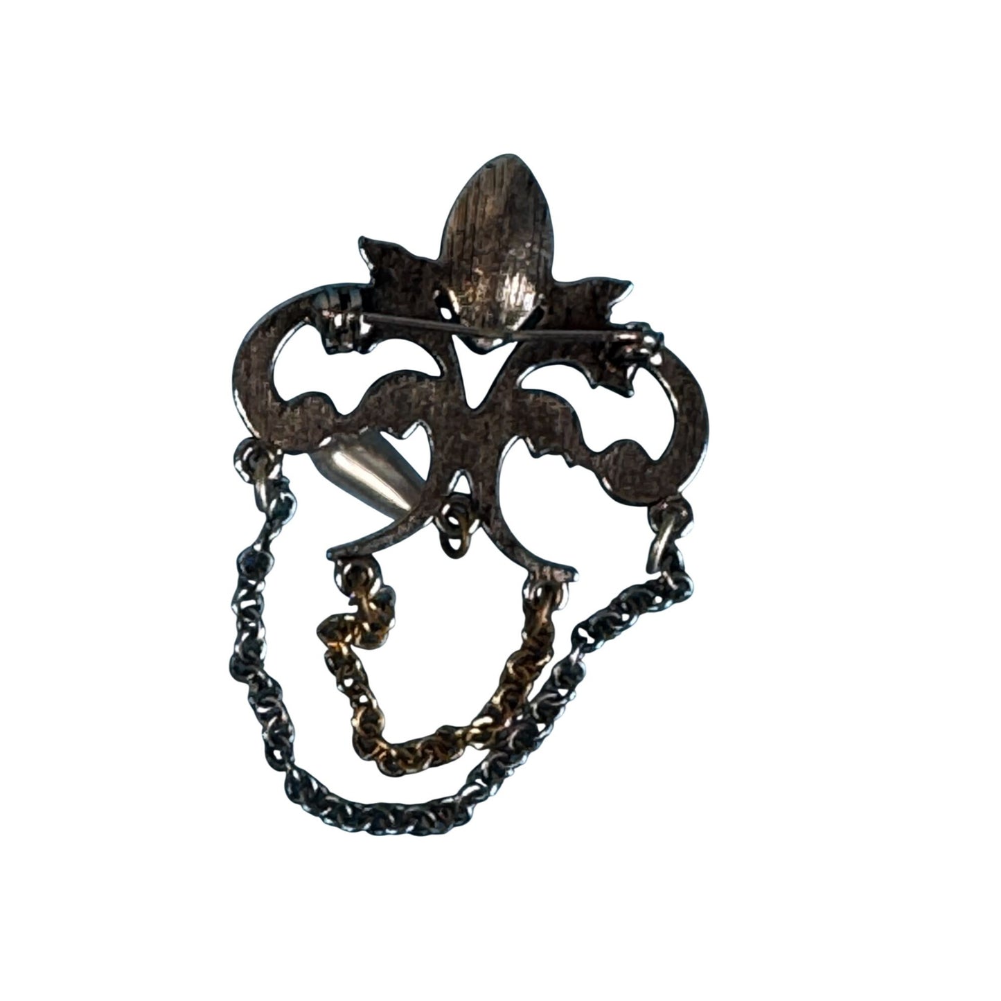 Vintage Fleur-De-Lis Rhinestone Pearl Dangle Brooch Two Tone 2 1/2"