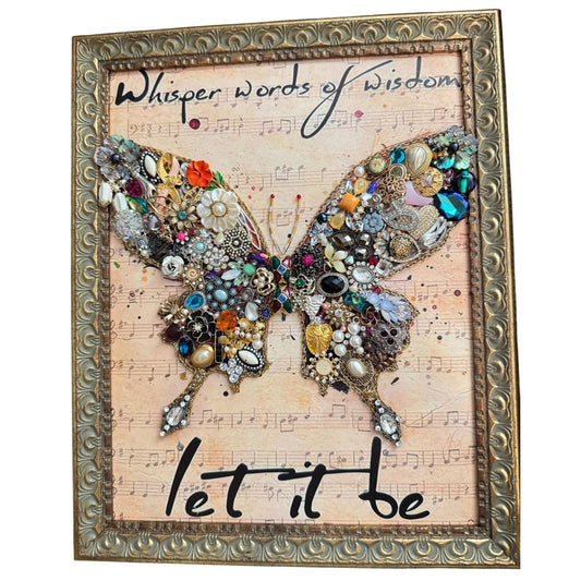 Handcrafted Butterfly Jewelry Art Framed Picture "Whisper Words Of Wisdom Let It Be" 16" X 12" Vintage-Inspired Design